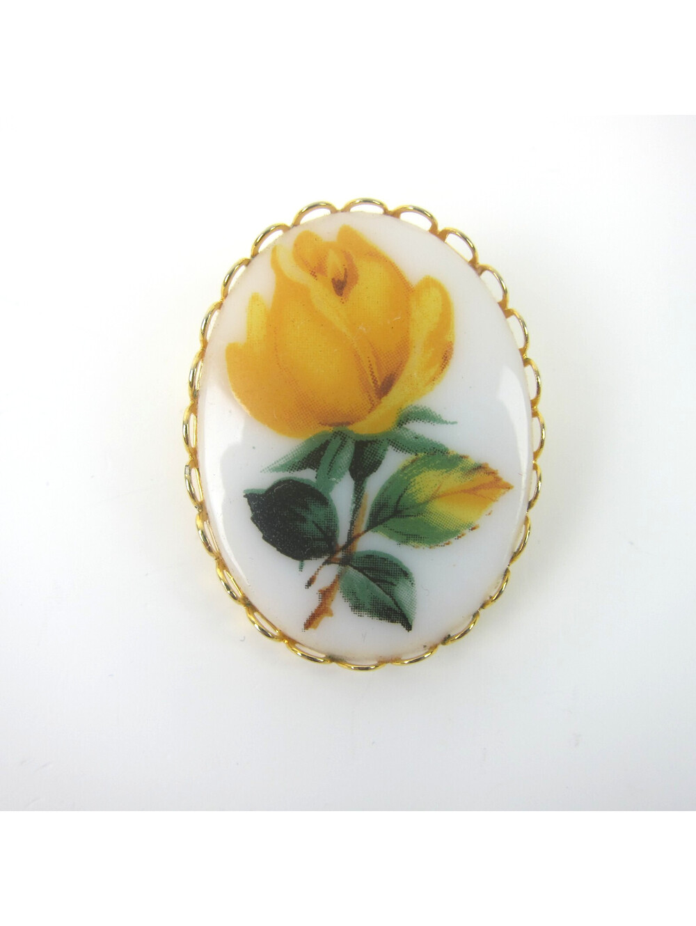 Vintage Yellow Rose Flower Pin Brooch Porcelain & Gold Tone Metal Frame 1.75"